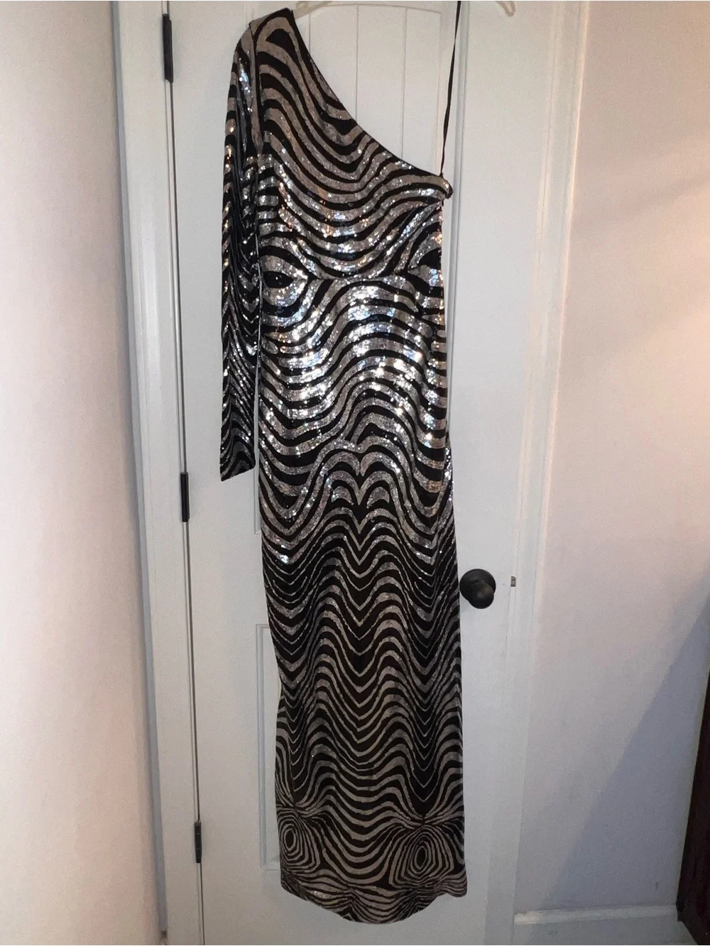Fashion Nova One-Shoulder Zebra Black and Silver Sequin Evening Dress High Split